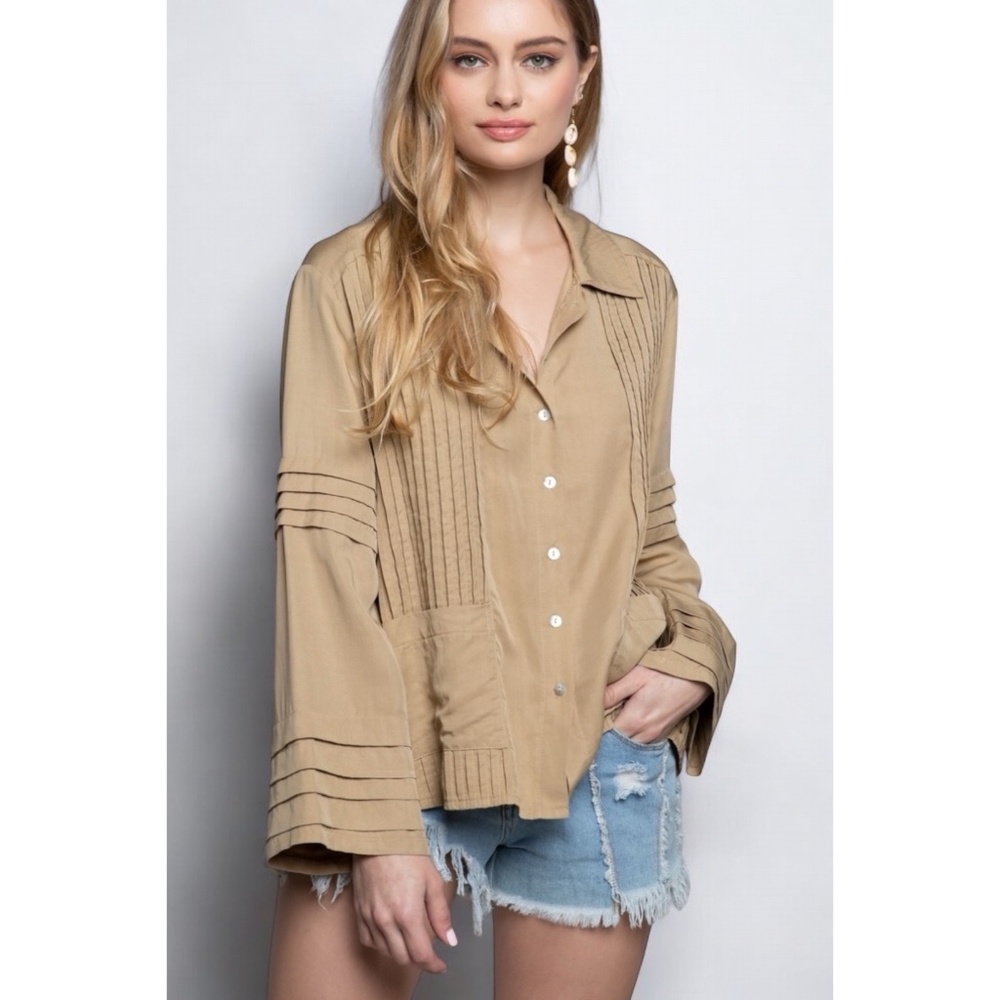 POL Olive Pleated Wide Long Sleeve Button Down Shirt - Picture 9 of 9
